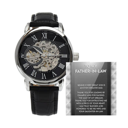 To My Father-in-Law Behind every Great Son is an Even Greater Dad Men's Openwork Watch with Gift Box - Mallard Moon Gift Shop