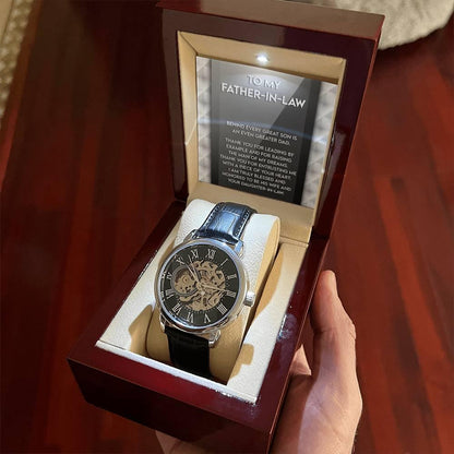 To My Father-in-Law Behind every Great Son is an Even Greater Dad Men's Openwork Watch with Gift Box - Mallard Moon Gift Shop