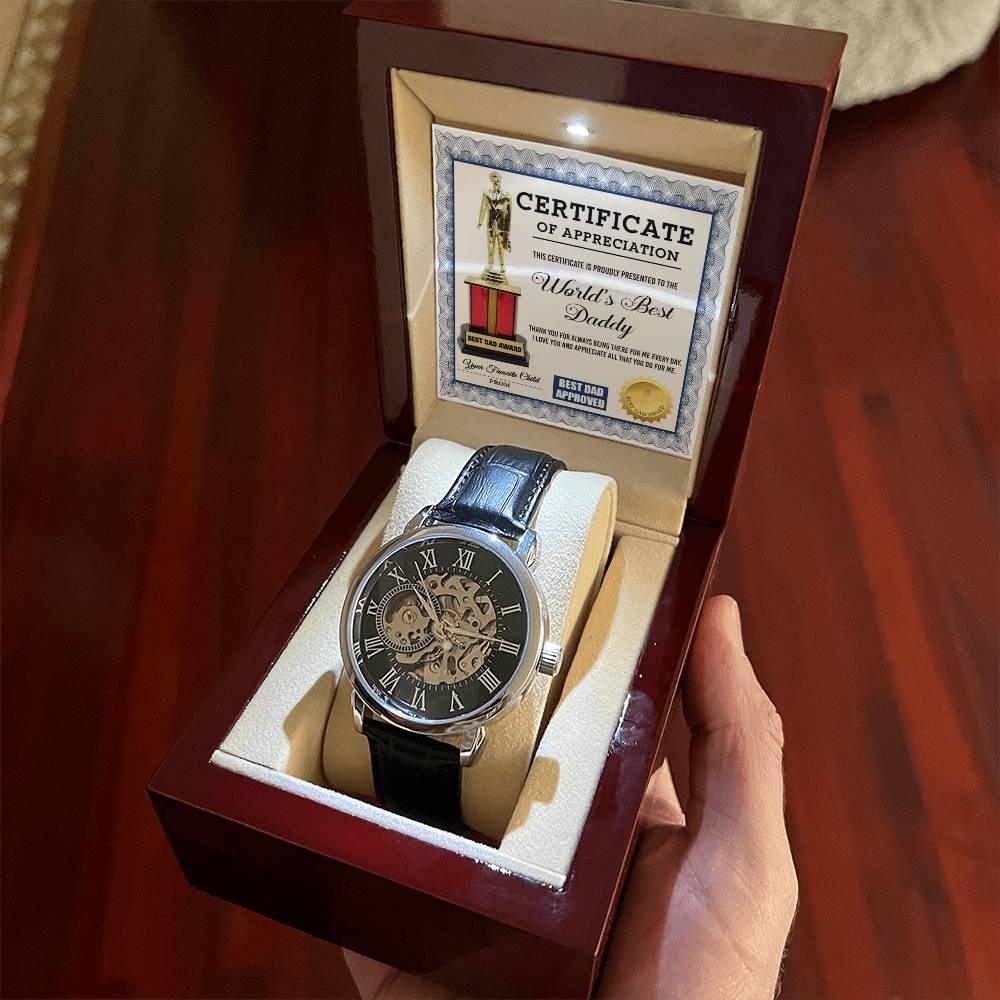 Certificate of The World's Best Daddy Men's Openwork Watch with Gift Box - Mallard Moon Gift Shop