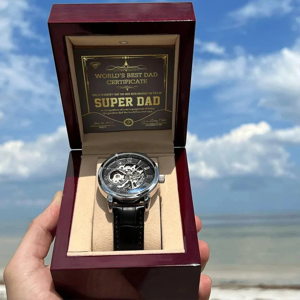 Dad Gift -Super Dad Certificate Men's Openwork Watch with Gift Box