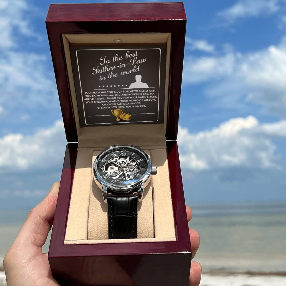 To the Best Father-In-Law My Bonus Dad, My Best Friend Men's Openwork Watch with Gift Box - Mallard Moon Gift Shop