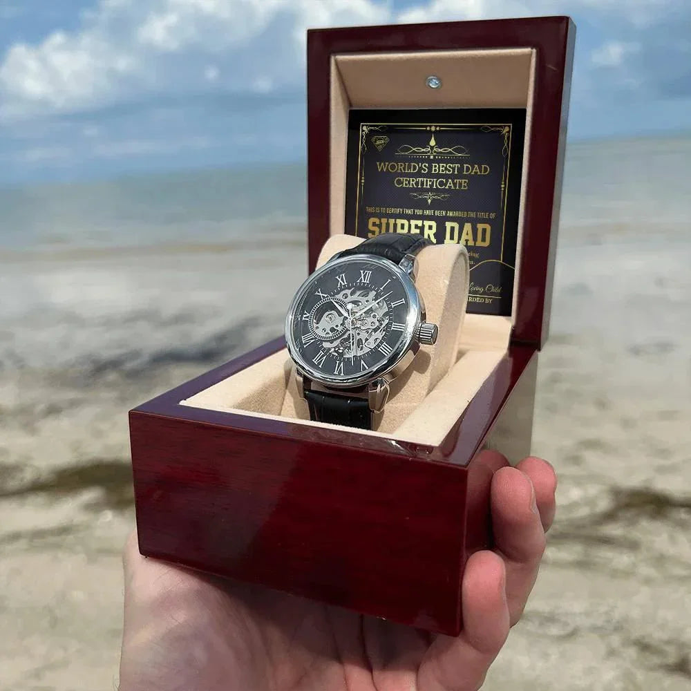 Dad Gift -Super Dad Certificate Men's Openwork Watch with Gift Box