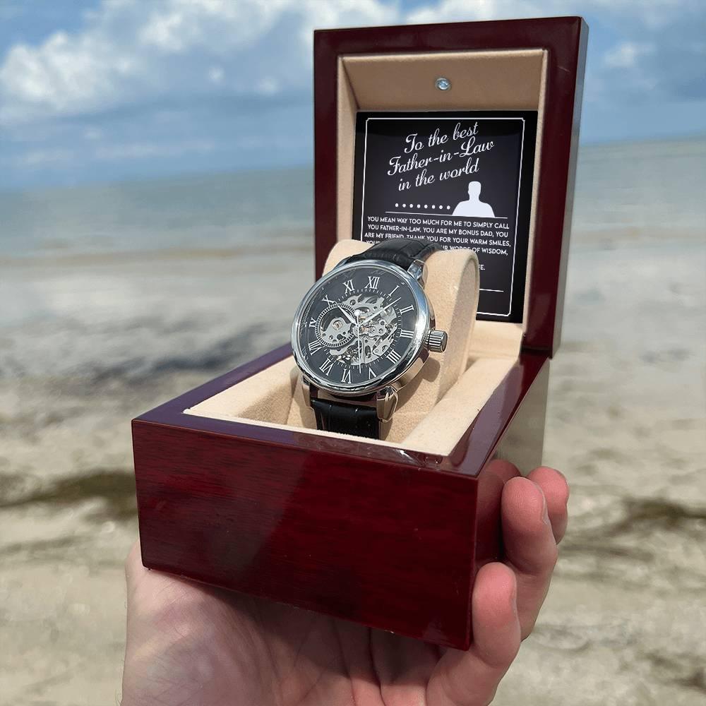 To the Best Father-In-Law My Bonus Dad, My Best Friend Men's Openwork Watch with Gift Box - Mallard Moon Gift Shop