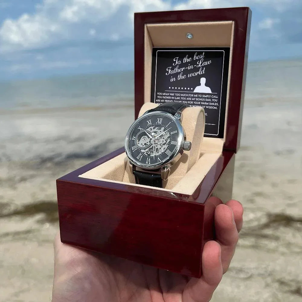 To the Best Father-In-Law My Bonus Dad, My Best Friend Men's Openwork Watch with Gift Box