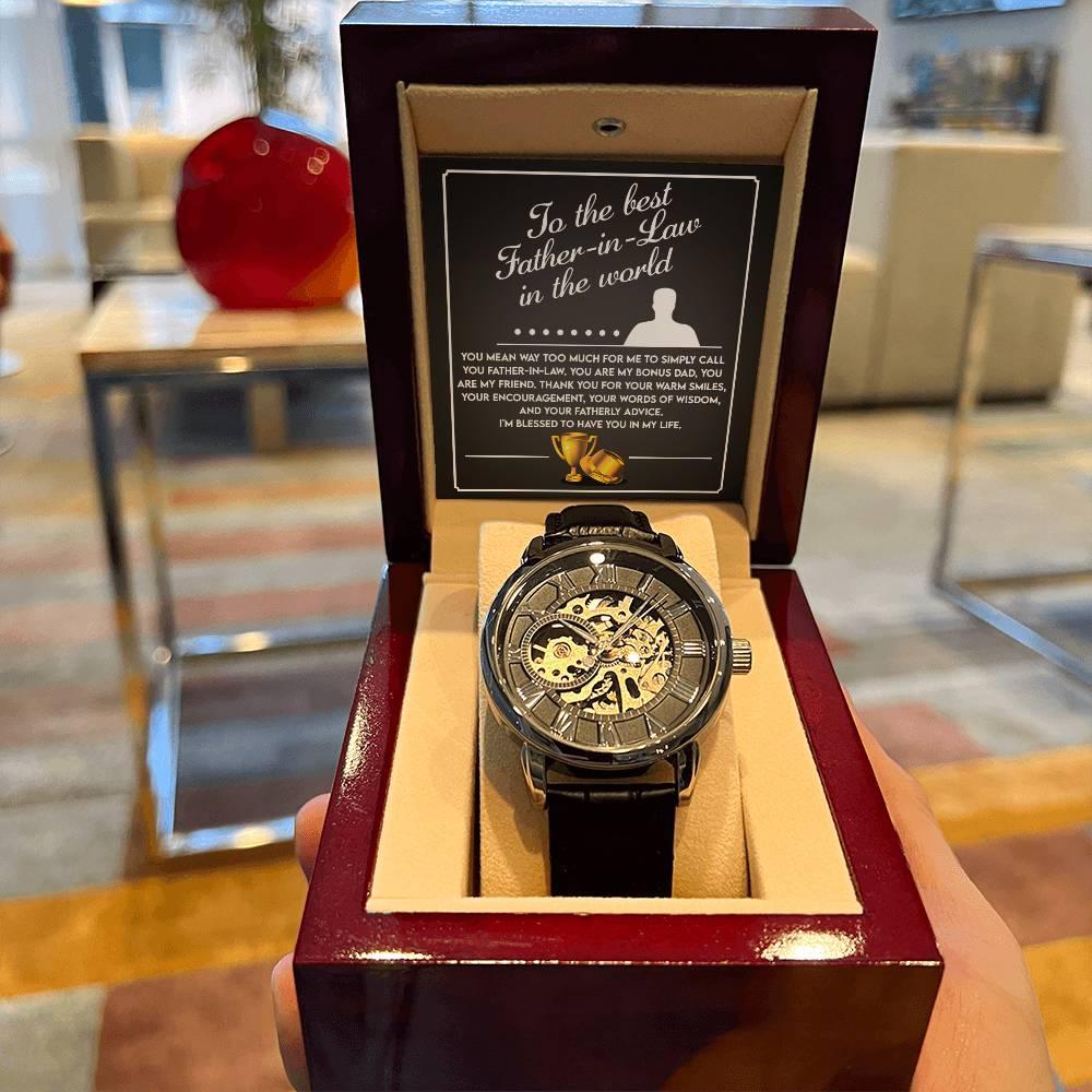 To the Best Father-In-Law My Bonus Dad, My Best Friend Men's Openwork Watch with Gift Box - Mallard Moon Gift Shop