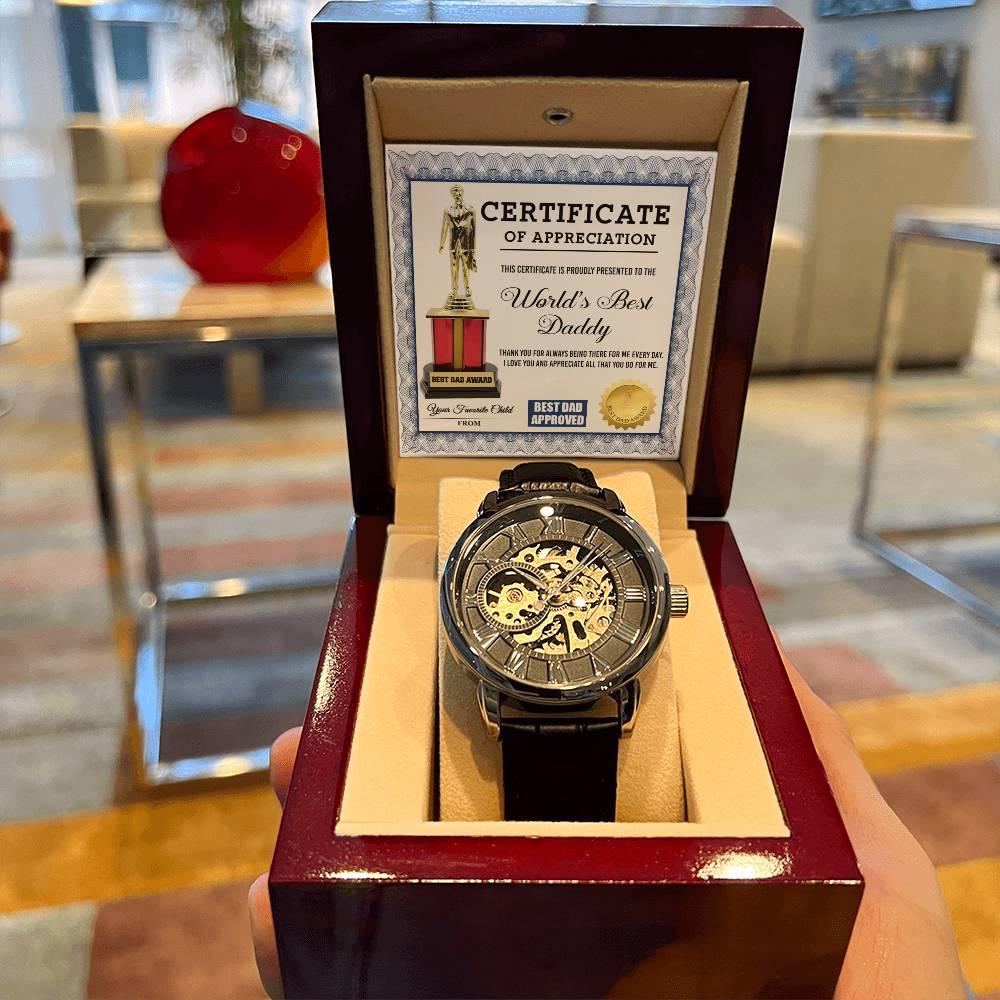 Certificate of The World's Best Daddy Men's Openwork Watch with Gift Box - Mallard Moon Gift Shop