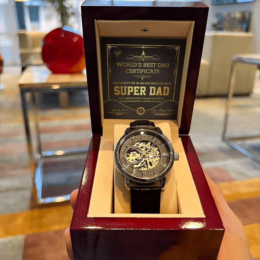 Dad Gift -Super Dad Certificate Men's Openwork Watch with Gift Box