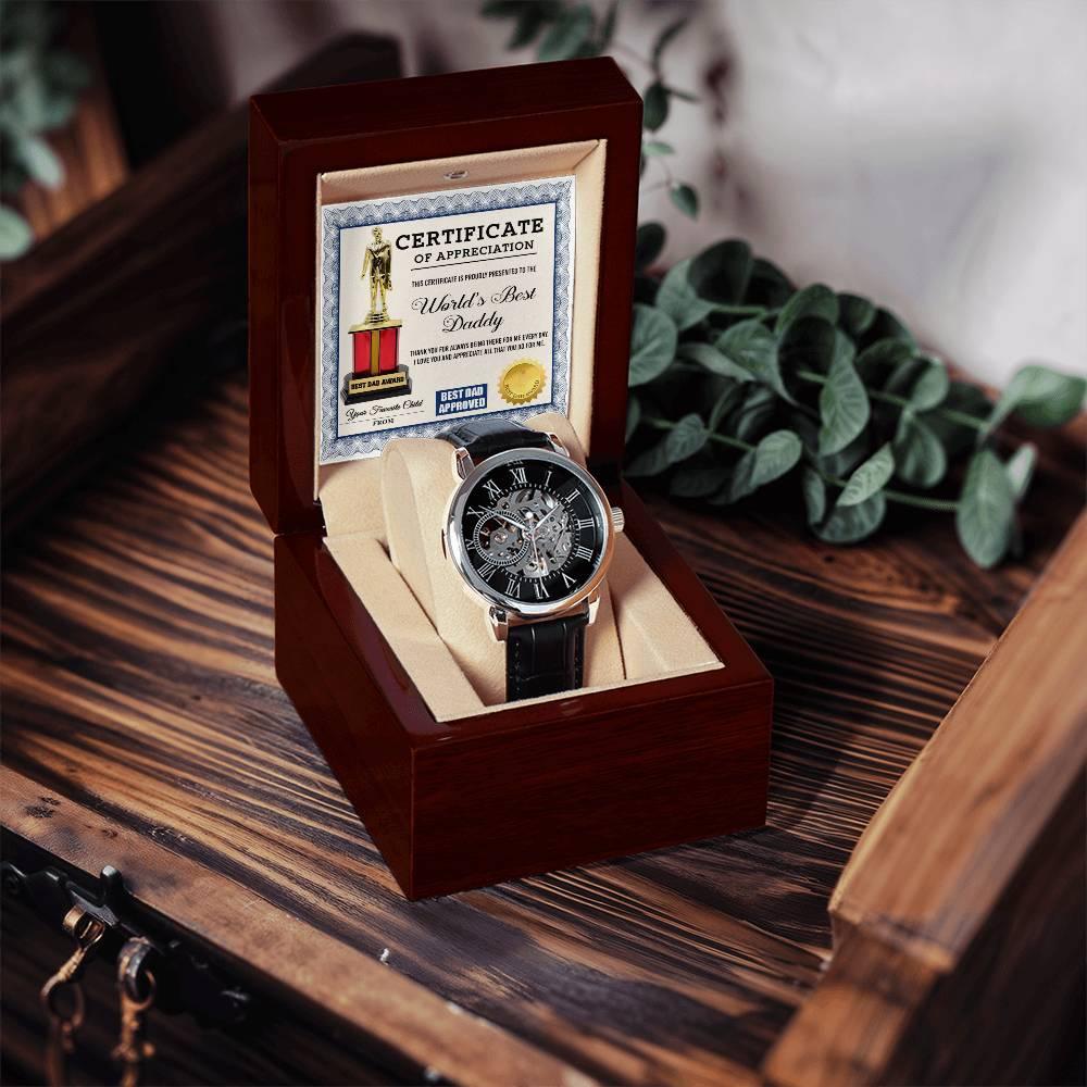 Certificate of The World's Best Daddy Men's Openwork Watch with Gift Box - Mallard Moon Gift Shop