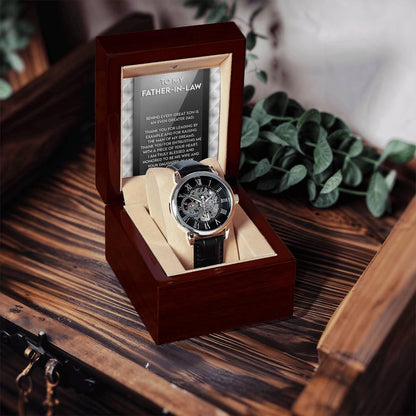 To My Father-in-Law Behind every Great Son is an Even Greater Dad Men's Openwork Watch with Gift Box - Mallard Moon Gift Shop