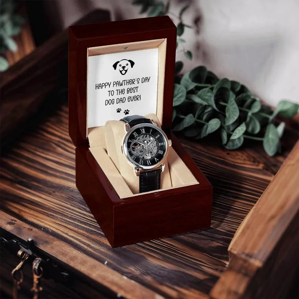 Dad Gift -Happy Pawther’s Day to the Best Dog Dad Men's Openwork Watch with Gift Box