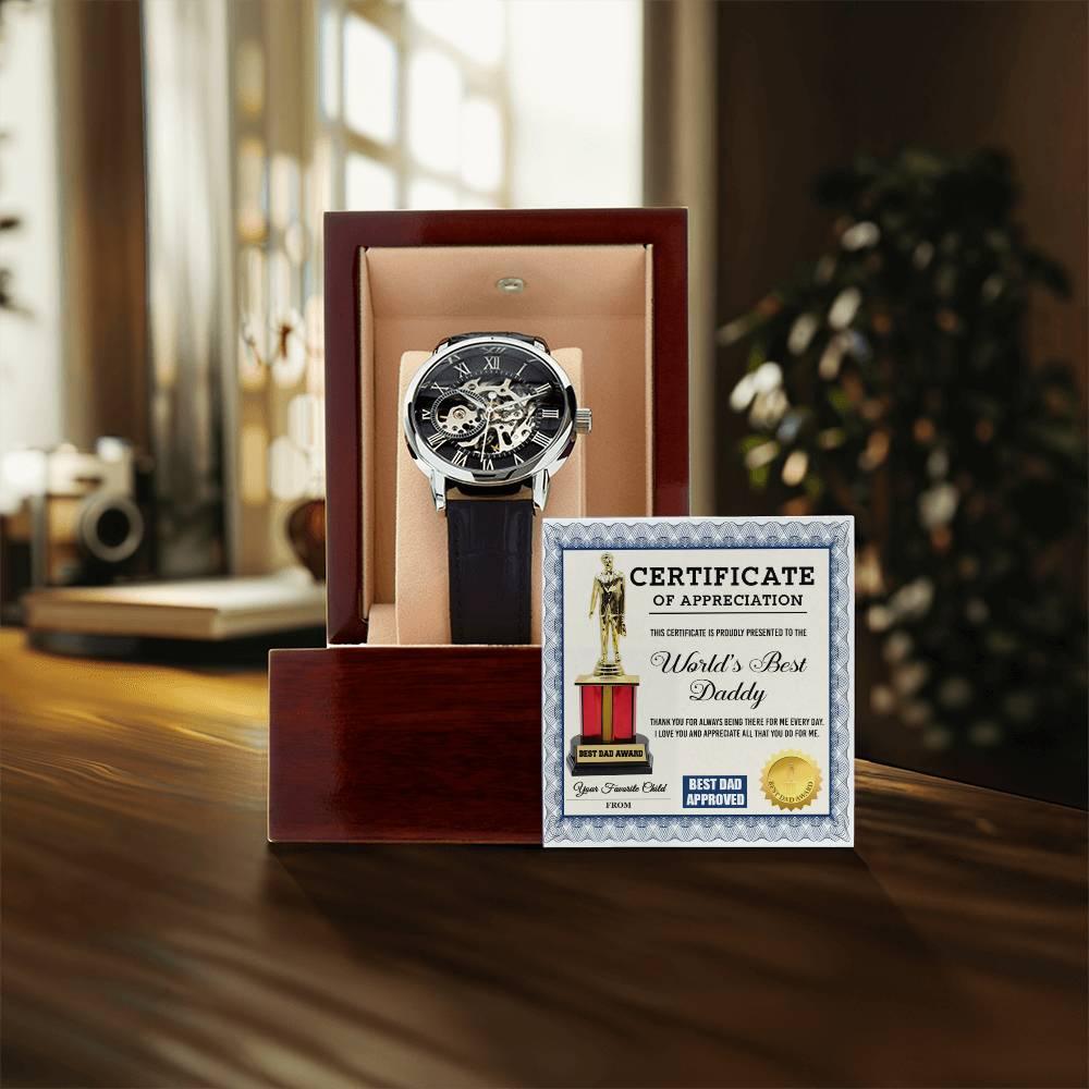 Certificate of The World's Best Daddy Men's Openwork Watch with Gift Box - Mallard Moon Gift Shop