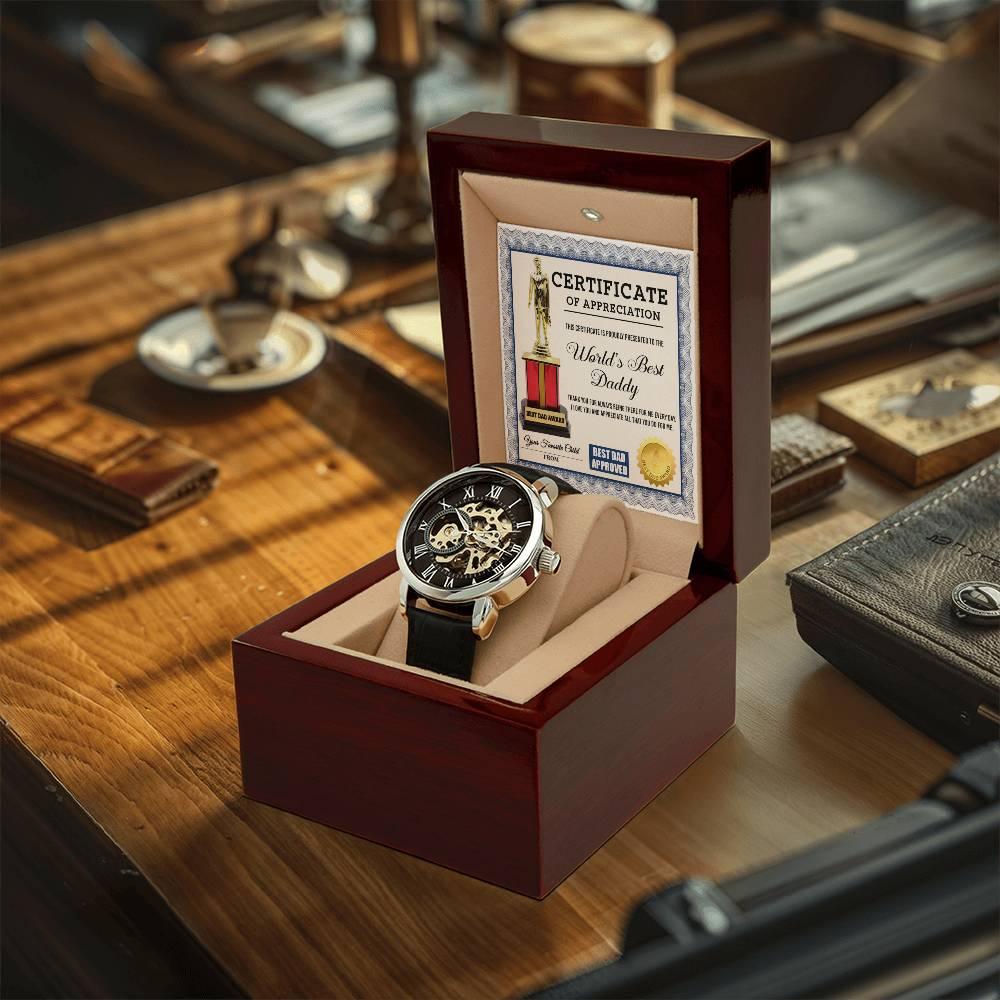 Certificate of The World's Best Daddy Men's Openwork Watch with Gift Box - Mallard Moon Gift Shop