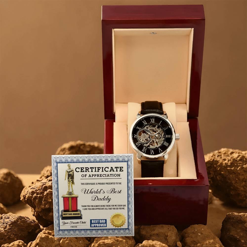 Certificate of The World's Best Daddy Men's Openwork Watch with Gift Box - Mallard Moon Gift Shop