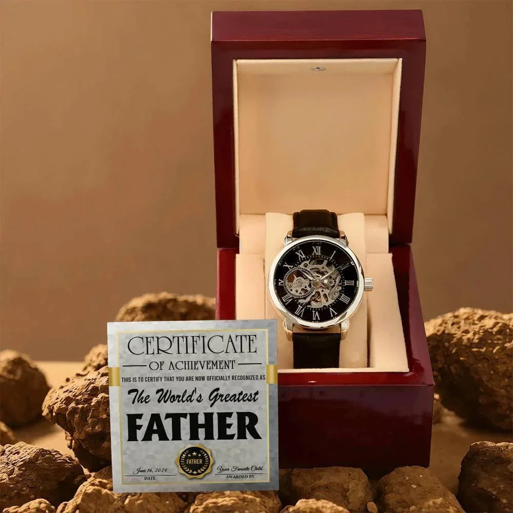Dad Certificate of Achievement for the World's Greatest Father Men's Openwork Watch with Gift Box