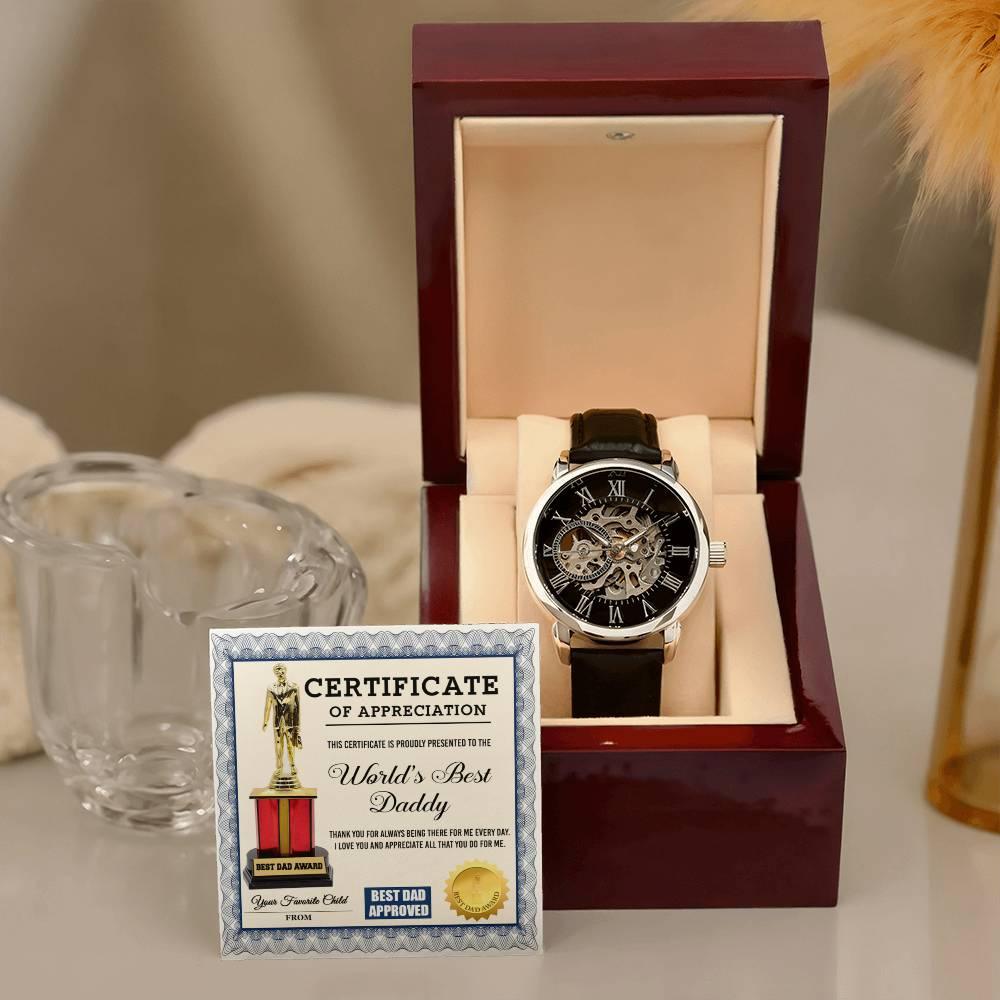 Certificate of The World's Best Daddy Men's Openwork Watch with Gift Box - Mallard Moon Gift Shop