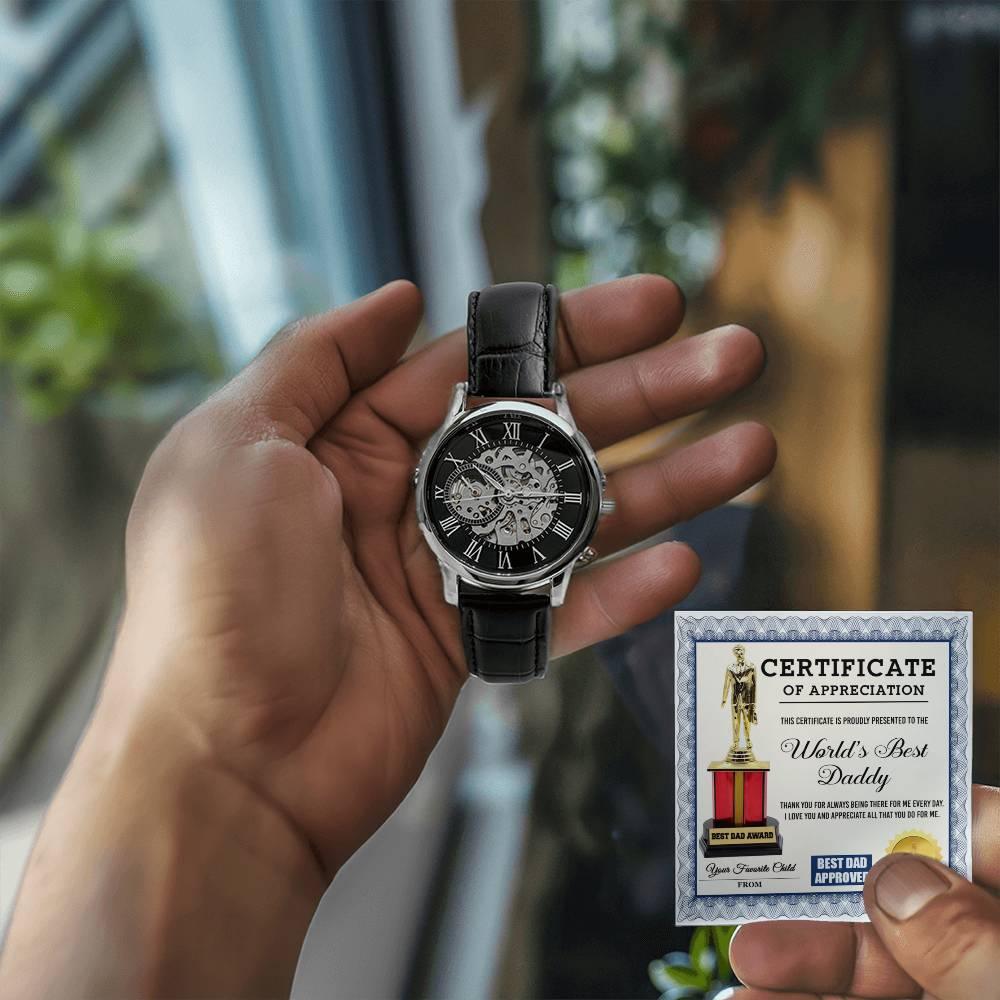 Certificate of The World's Best Daddy Men's Openwork Watch with Gift Box - Mallard Moon Gift Shop