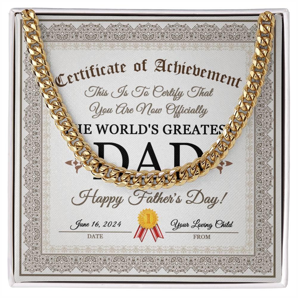 Dad Happy Father's Day Certificate of Achievement Cuban Chain Link Necklace with Gift Box - Mallard Moon Gift Shop