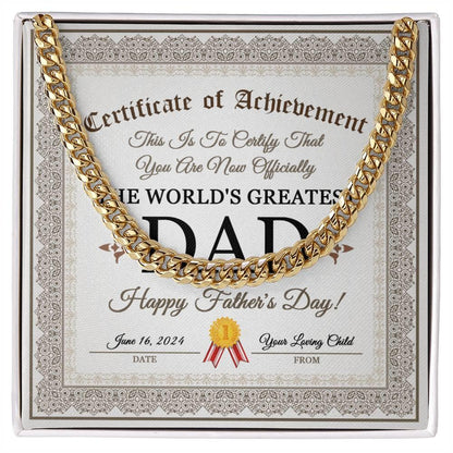 Dad Happy Father's Day Certificate of Achievement Cuban Chain Link Necklace with Gift Box - Mallard Moon Gift Shop