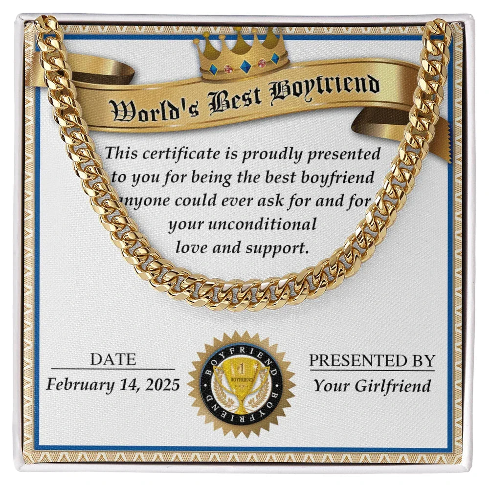 Romantic Gift for Boyfriend – Cuban Link Chain & Love Certificate Keepsake