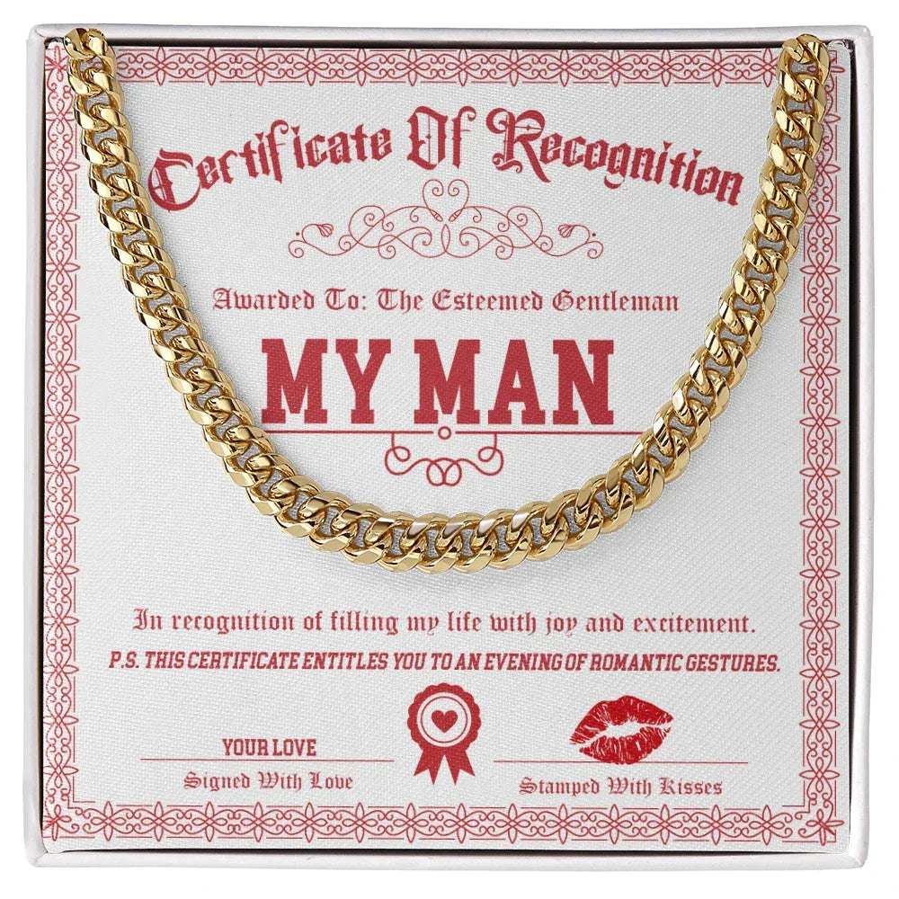 Romantic Cuban Link Chain Necklace for Soulmate, Boyfriend, or Husband – Sentimental "My Man" Gift Card