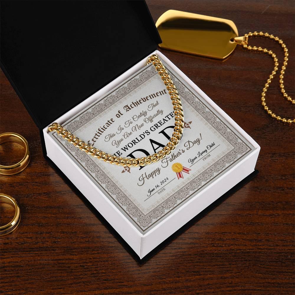 Dad Happy Father's Day Certificate of Achievement Cuban Chain Link Necklace with Gift Box - Mallard Moon Gift Shop