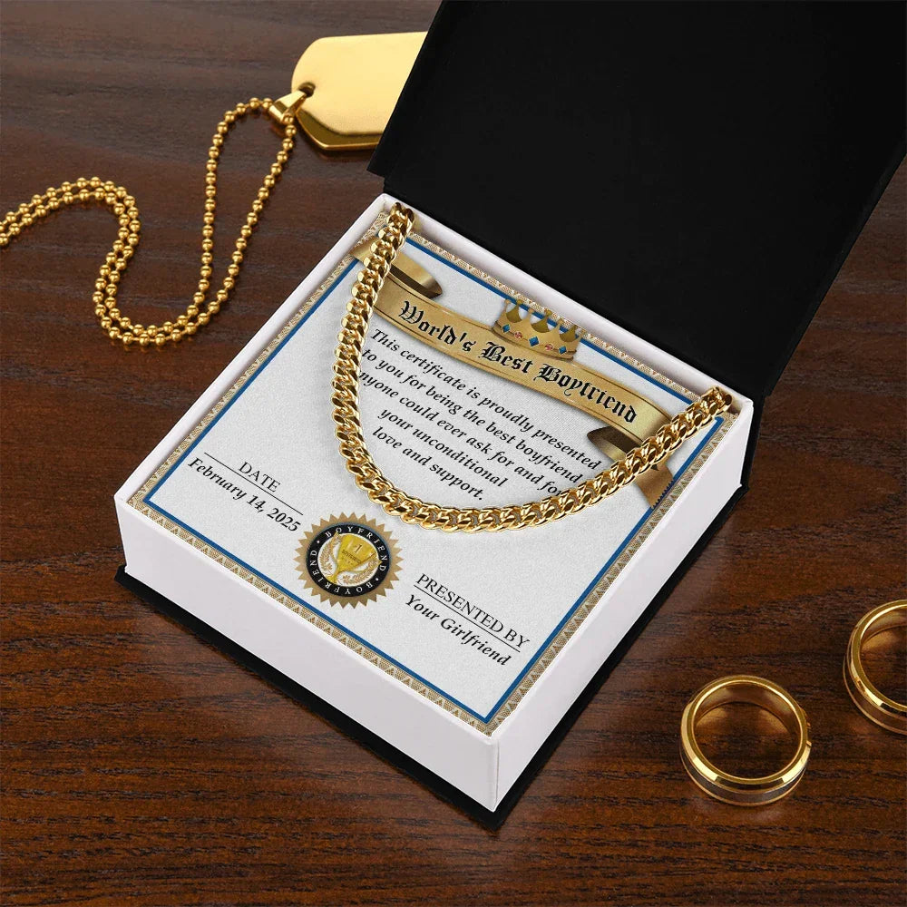 Romantic Gift for Boyfriend – Cuban Link Chain & Love Certificate Keepsake