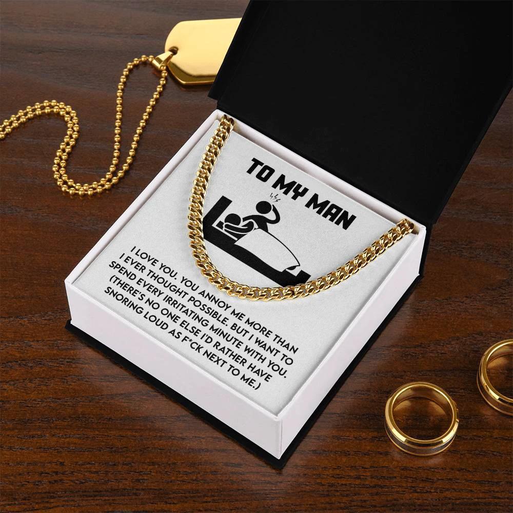 Gift for Husband, Boyfriend, or Soulmate - Cuban Chain Necklace with Funny 'To My Man' Message Card