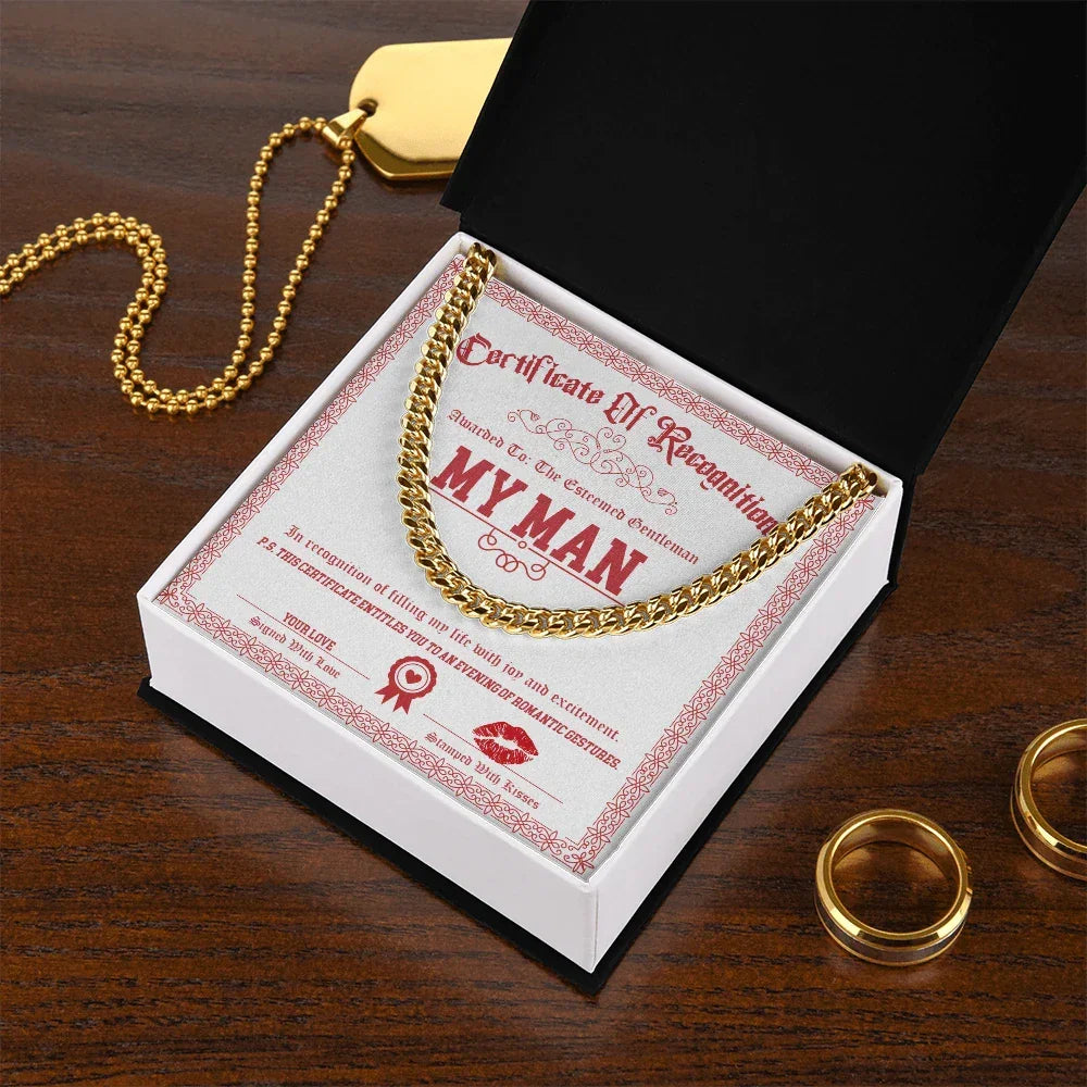 Romantic Cuban Link Chain Necklace for Soulmate, Boyfriend, or Husband – Sentimental "My Man" Gift Card