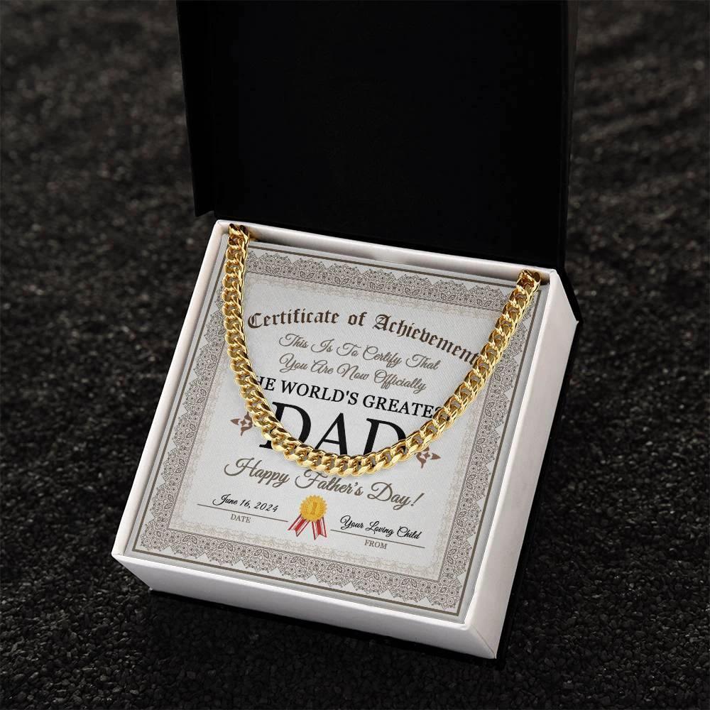 Dad Happy Father's Day Certificate of Achievement Cuban Chain Link Necklace with Gift Box