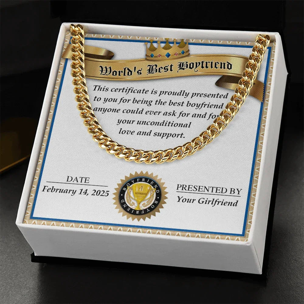 Romantic Gift for Boyfriend – Cuban Link Chain & Love Certificate Keepsake
