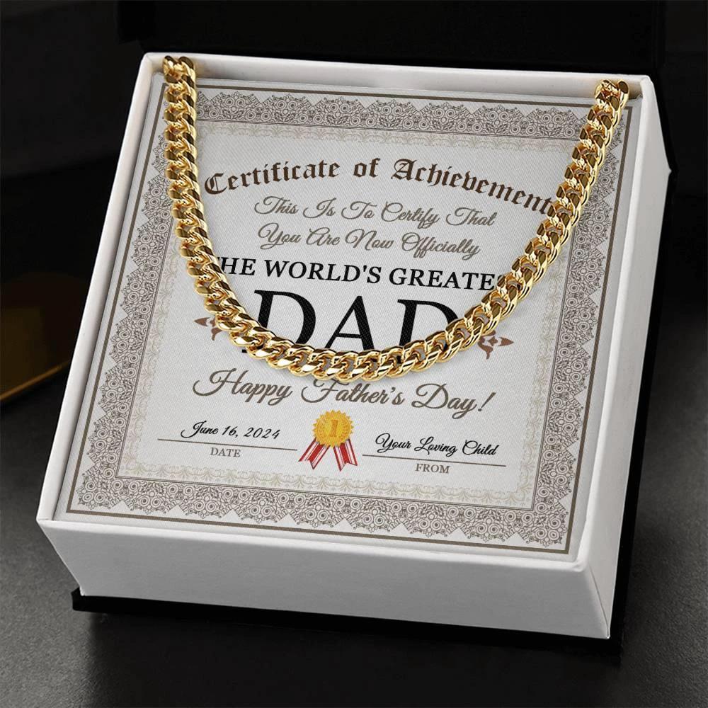 Dad Happy Father's Day Certificate of Achievement Cuban Chain Link Necklace with Gift Box