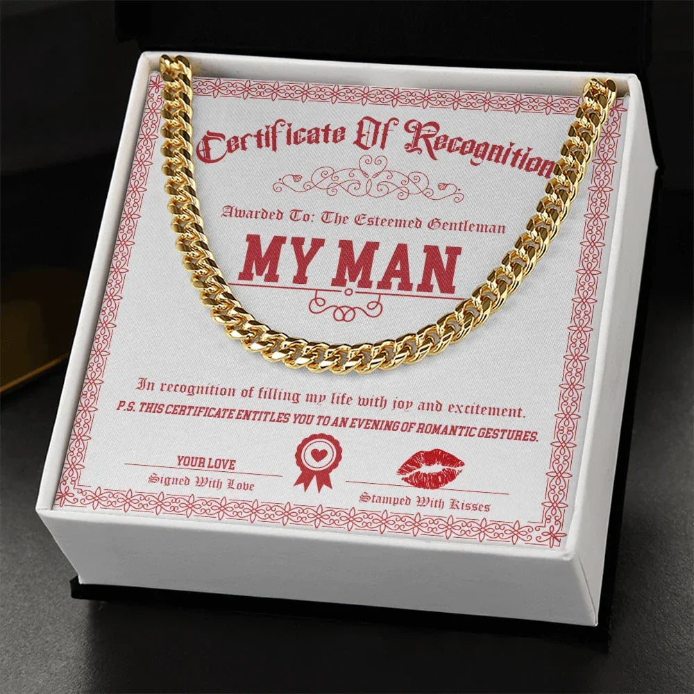 Romantic Cuban Link Chain Necklace for Soulmate, Boyfriend, or Husband – Sentimental "My Man" Gift Card