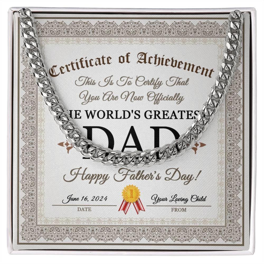 Dad Happy Father's Day Certificate of Achievement Cuban Chain Link Necklace with Gift Box