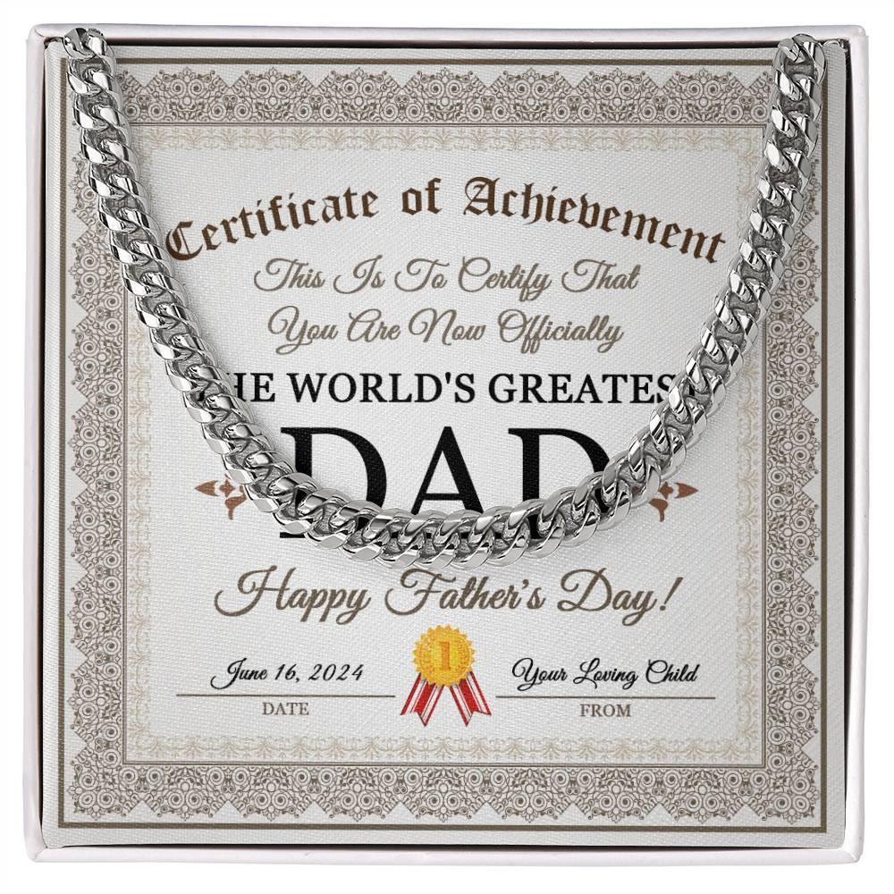 Dad Happy Father's Day Certificate of Achievement Cuban Chain Link Necklace with Gift Box - Mallard Moon Gift Shop