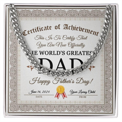 Dad Happy Father's Day Certificate of Achievement Cuban Chain Link Necklace with Gift Box - Mallard Moon Gift Shop