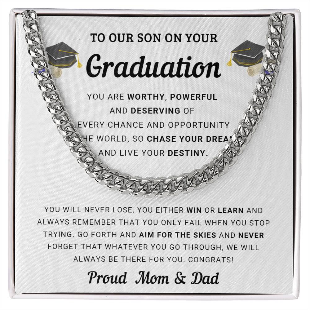 Graduation Gift for Son From Mom and Dad - Chase Your Dreams and Live Your Destiny - Cuban Chain Link Necklace - Mallard Moon Gift Shop