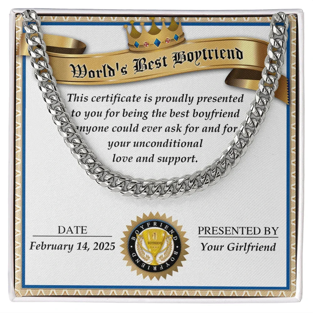 Romantic Gift for Boyfriend – Cuban Link Chain & Love Certificate Keepsake