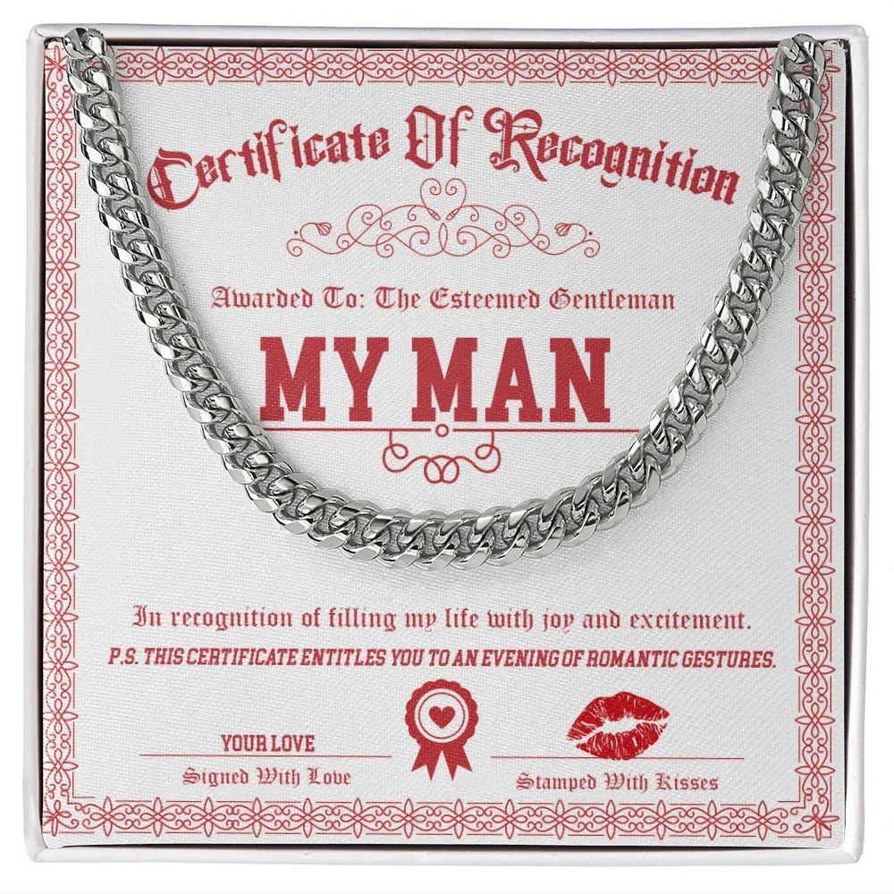 Romantic Cuban Link Chain Necklace for Soulmate, Boyfriend, or Husband – Sentimental "My Man" Gift Card