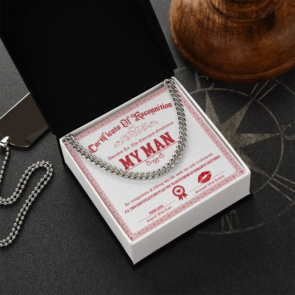 Romantic Cuban Link Chain Necklace for Soulmate, Boyfriend, or Husband – Sentimental "My Man" Gift Card