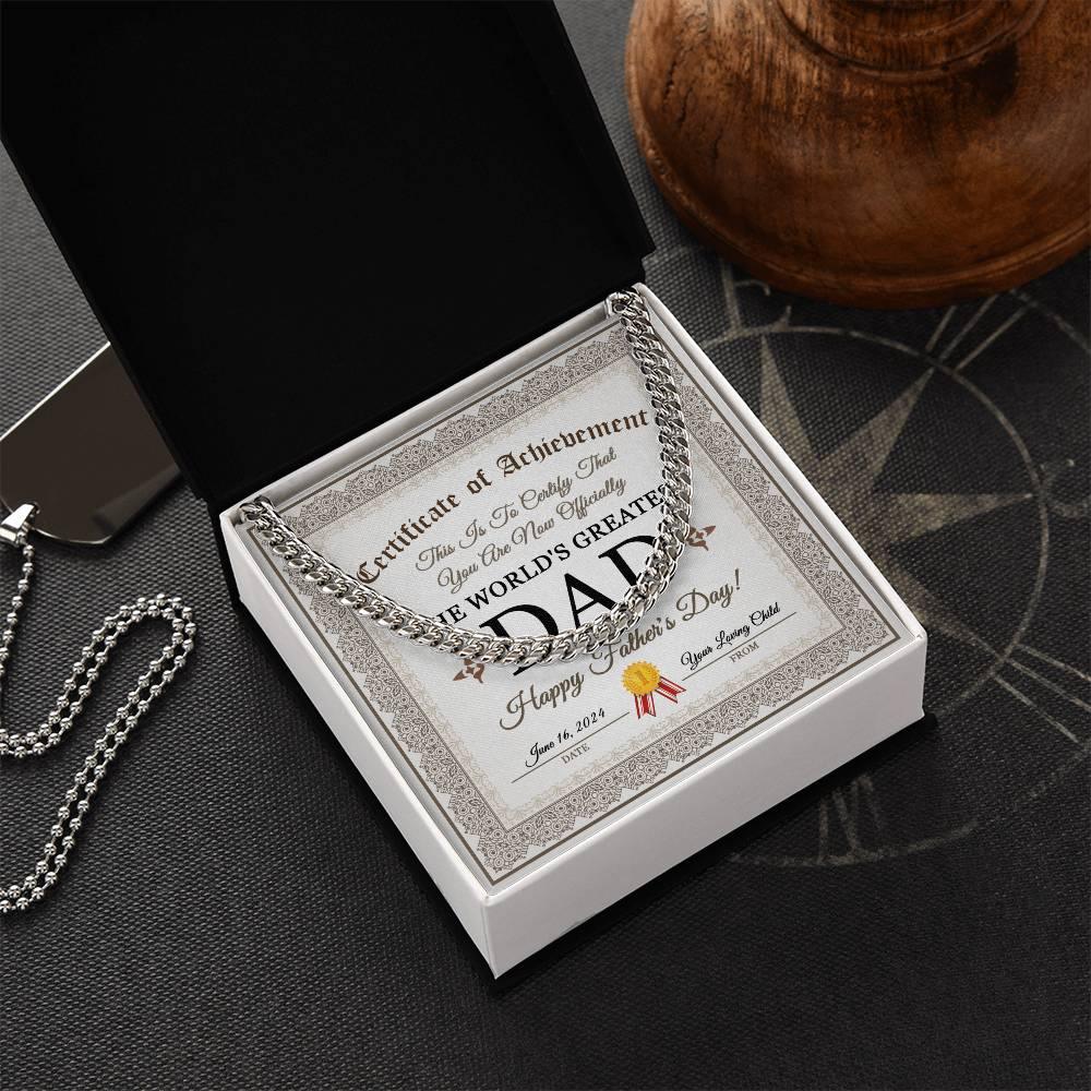 Dad Happy Father's Day Certificate of Achievement Cuban Chain Link Necklace with Gift Box - Mallard Moon Gift Shop