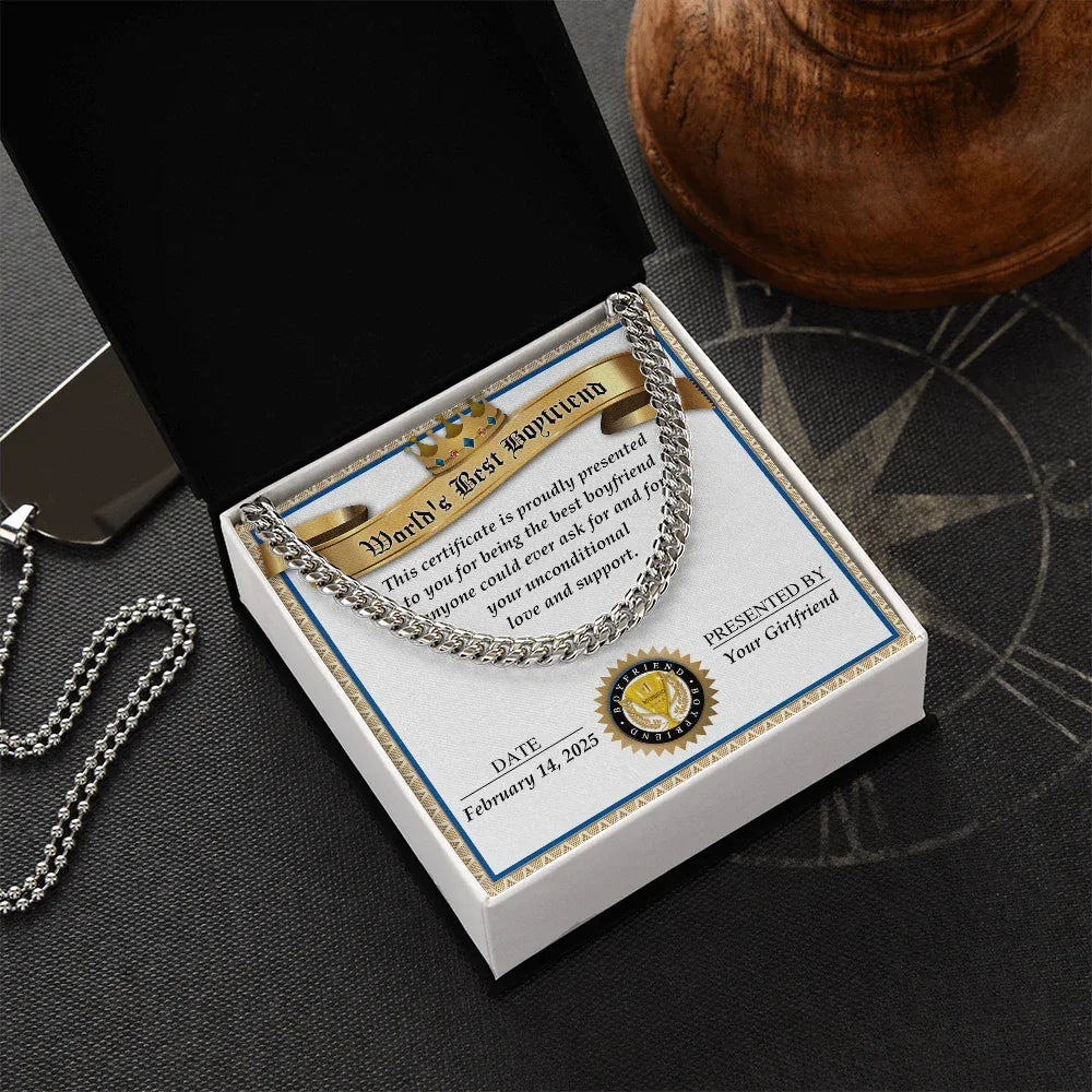 Romantic Gift for Boyfriend – Cuban Link Chain & Love Certificate Keepsake