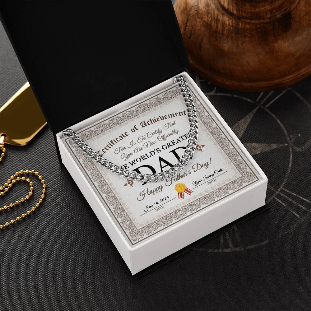 Dad Happy Father's Day Certificate of Achievement Cuban Chain Link Necklace with Gift Box - Mallard Moon Gift Shop