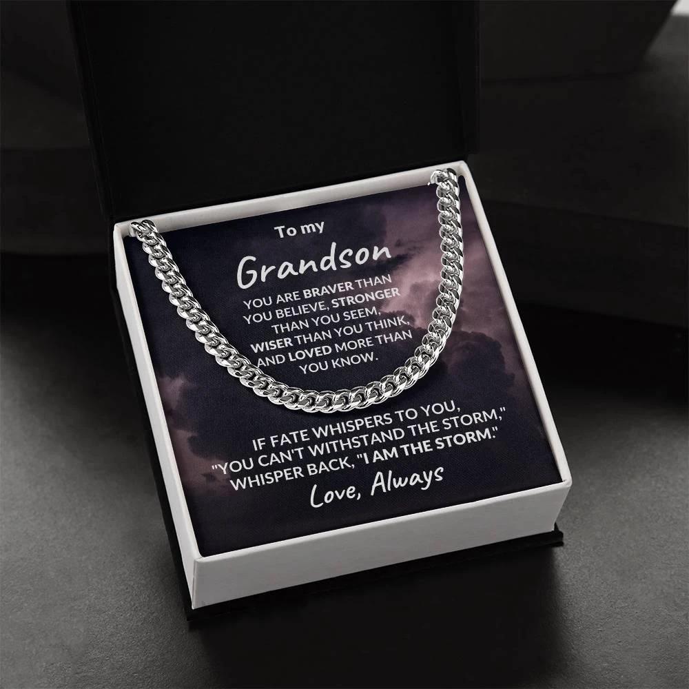 Grandson Jewelry Whisper Back "I Am The Storm" Graduation Birthday Holiday Personalized Cuban Chain Link Necklace With Gift Box