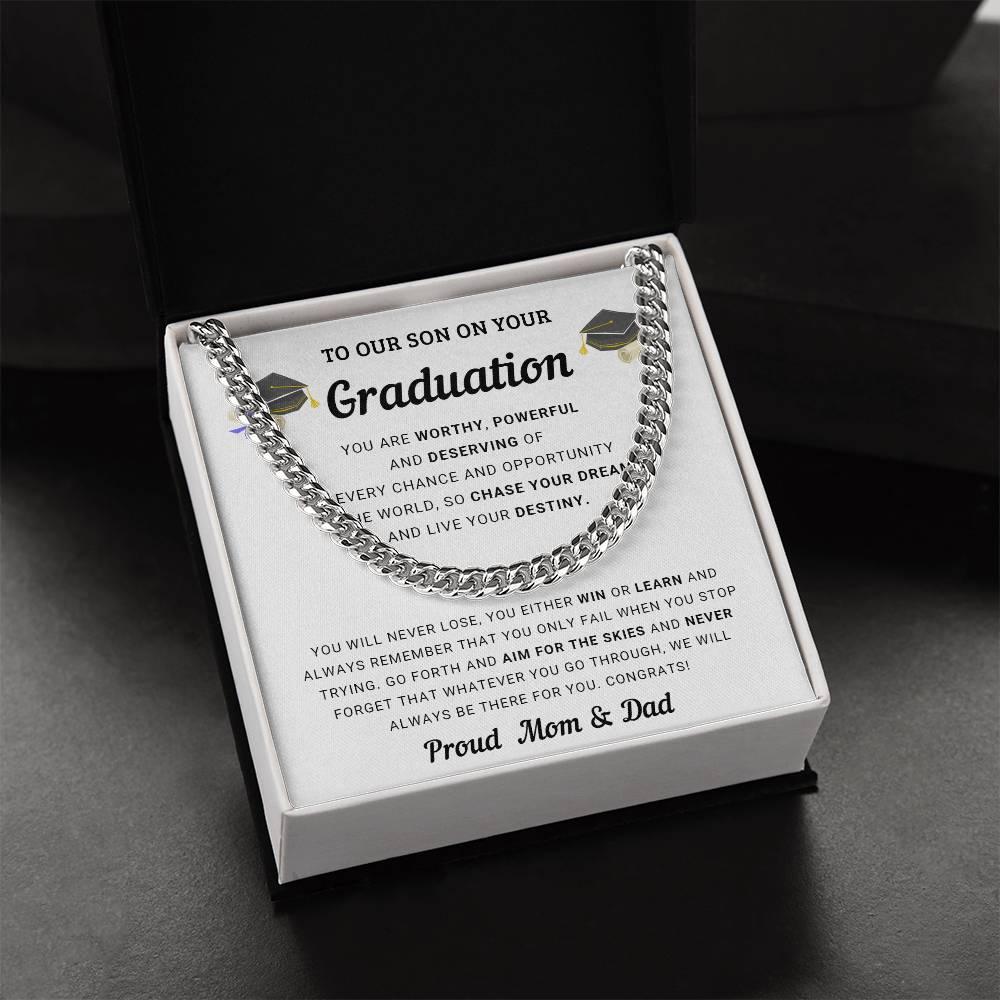 Graduation Gift for Son From Mom and Dad - Chase Your Dreams and Live Your Destiny - Cuban Chain Link Necklace - Mallard Moon Gift Shop