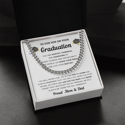 Graduation Gift for Son From Mom and Dad - Chase Your Dreams and Live Your Destiny - Cuban Chain Link Necklace - Mallard Moon Gift Shop