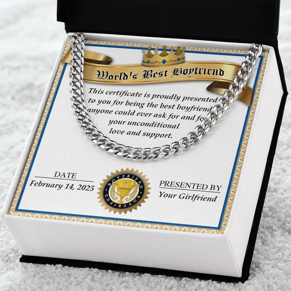Romantic Gift for Boyfriend – Cuban Link Chain & Love Certificate Keepsake