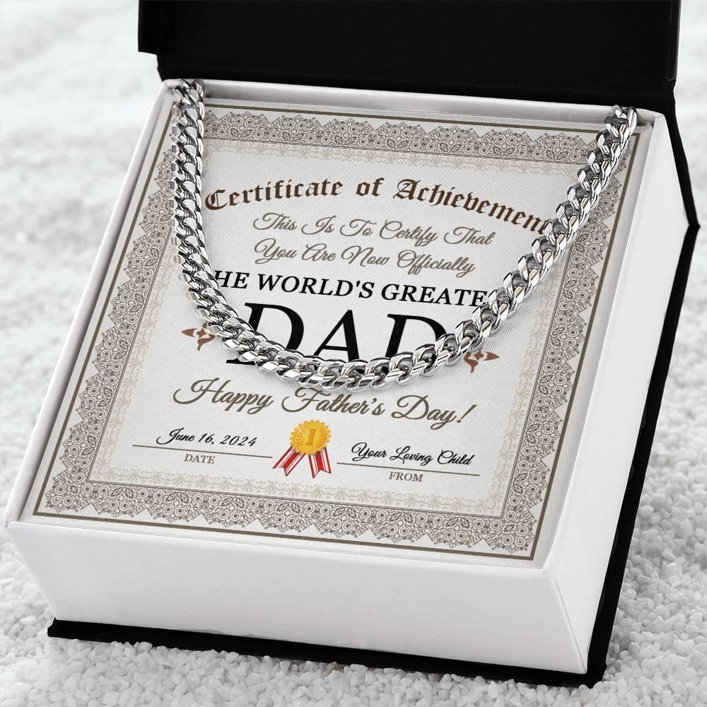 Dad Happy Father's Day Certificate of Achievement Cuban Chain Link Necklace with Gift Box - Mallard Moon Gift Shop
