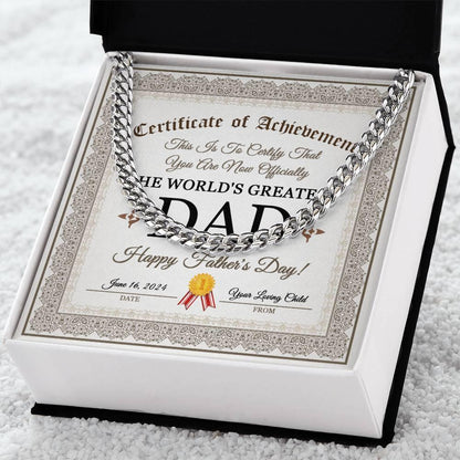 Dad Happy Father's Day Certificate of Achievement Cuban Chain Link Necklace with Gift Box - Mallard Moon Gift Shop