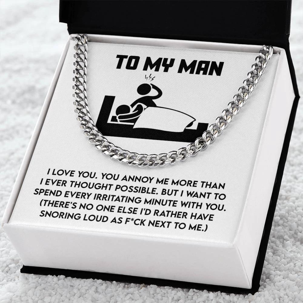 Gift for Husband, Boyfriend, or Soulmate - Cuban Chain Necklace with Funny 'To My Man' Message Card