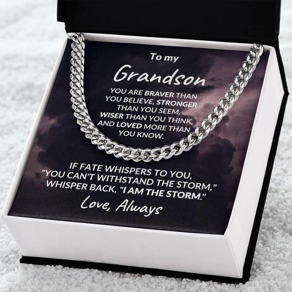 Grandson Jewelry Whisper Back "I Am The Storm" Graduation Birthday Holiday Personalized Cuban Chain Link Necklace With Gift Box
